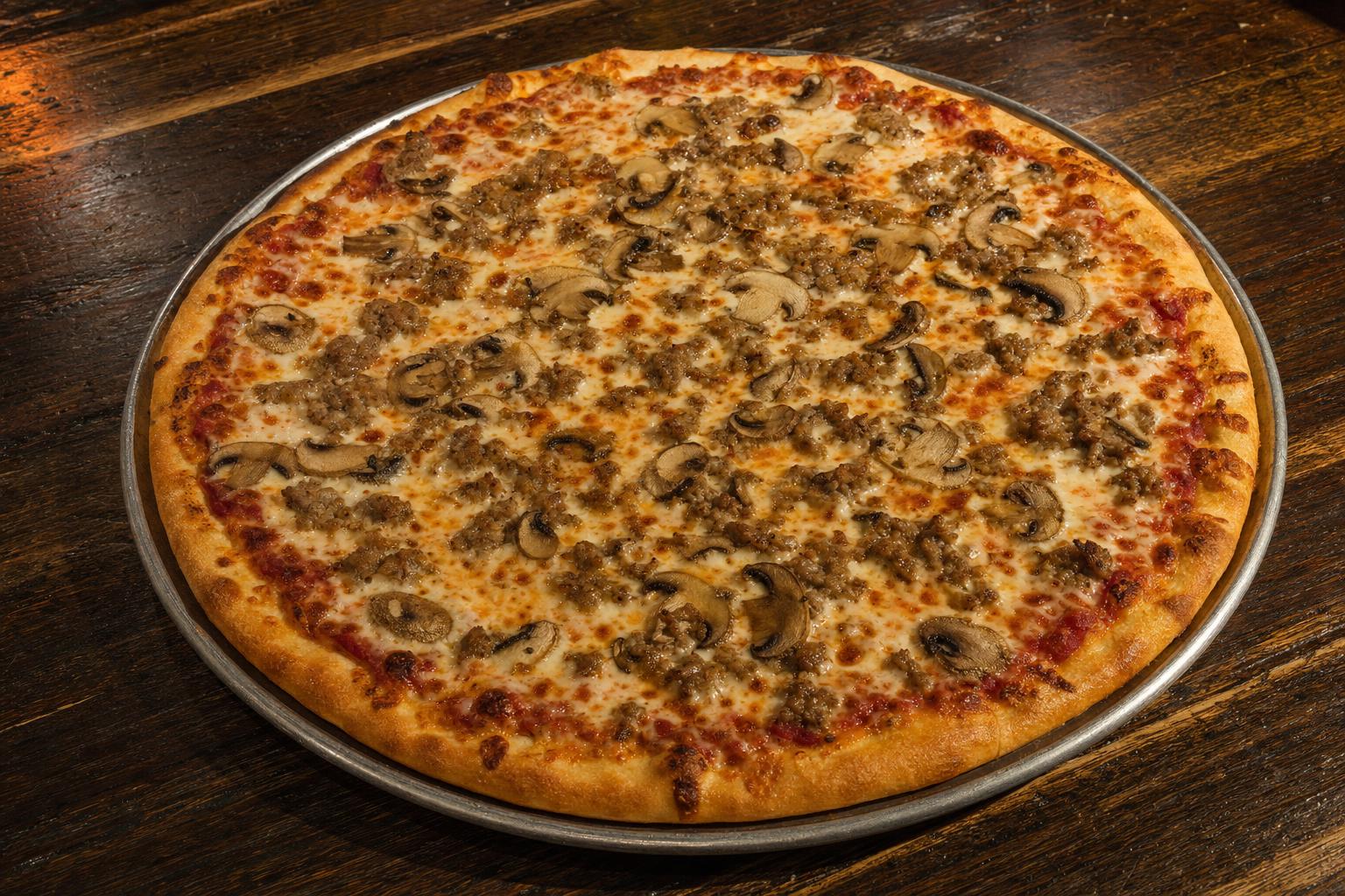 Classic Litzas pizza with pizza sauce, mozzarella cheese, ground italian sausage, and mushrooms on a warm wood table.