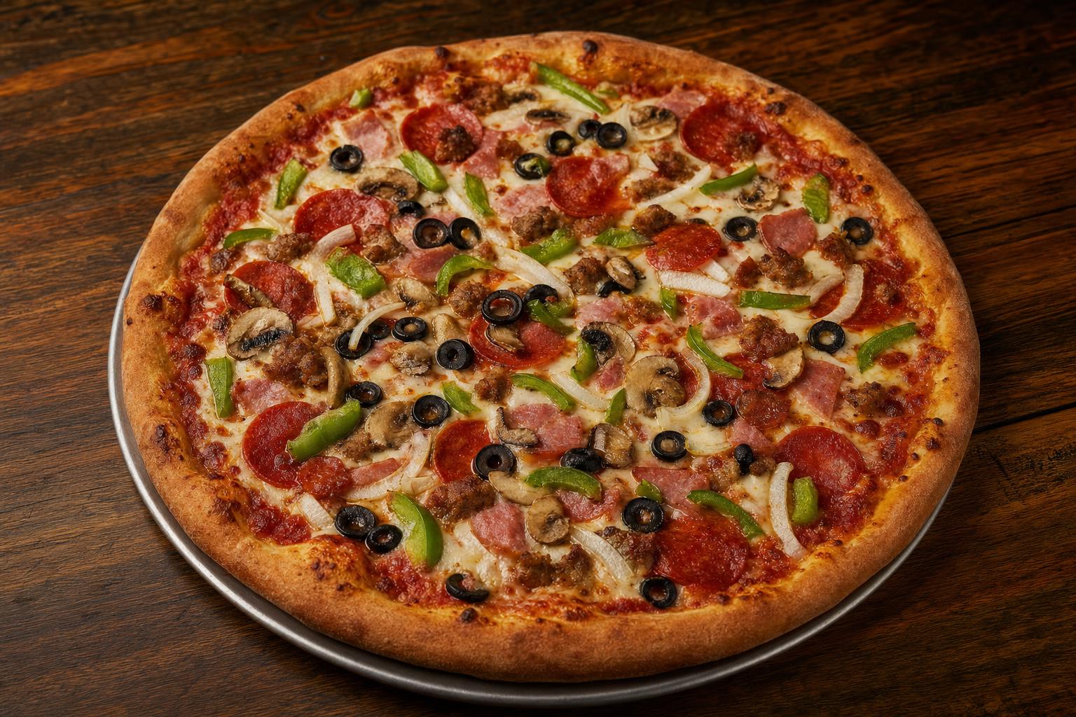 Deluxe pizza with pizza sauce, mozzarella cheese, mushrooms, black olives, green peppers, onions, and your choice of three meats on a warm wood table.