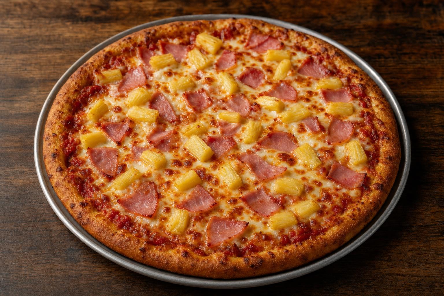 Hawaiian pizza with pizza sauce, mozzarella cheese, ham, and pineapple on a warm wood table.