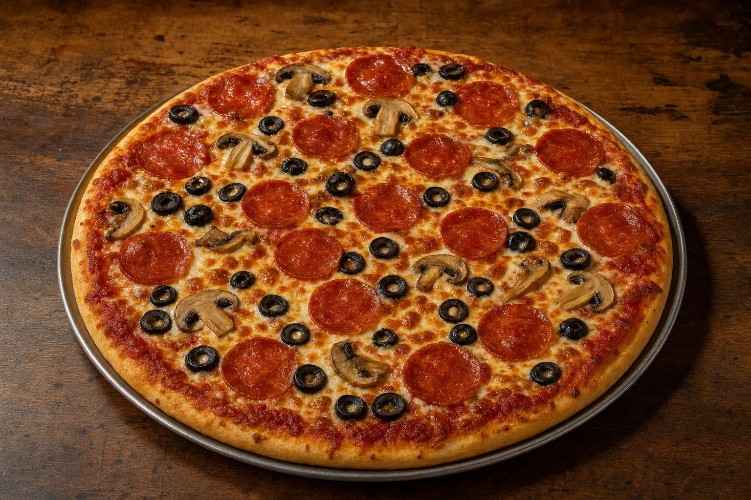 Kings Peak pizza with pizza sauce, mozzarella cheese, black olives, pepperoni, and mushrooms on a warm wood table.