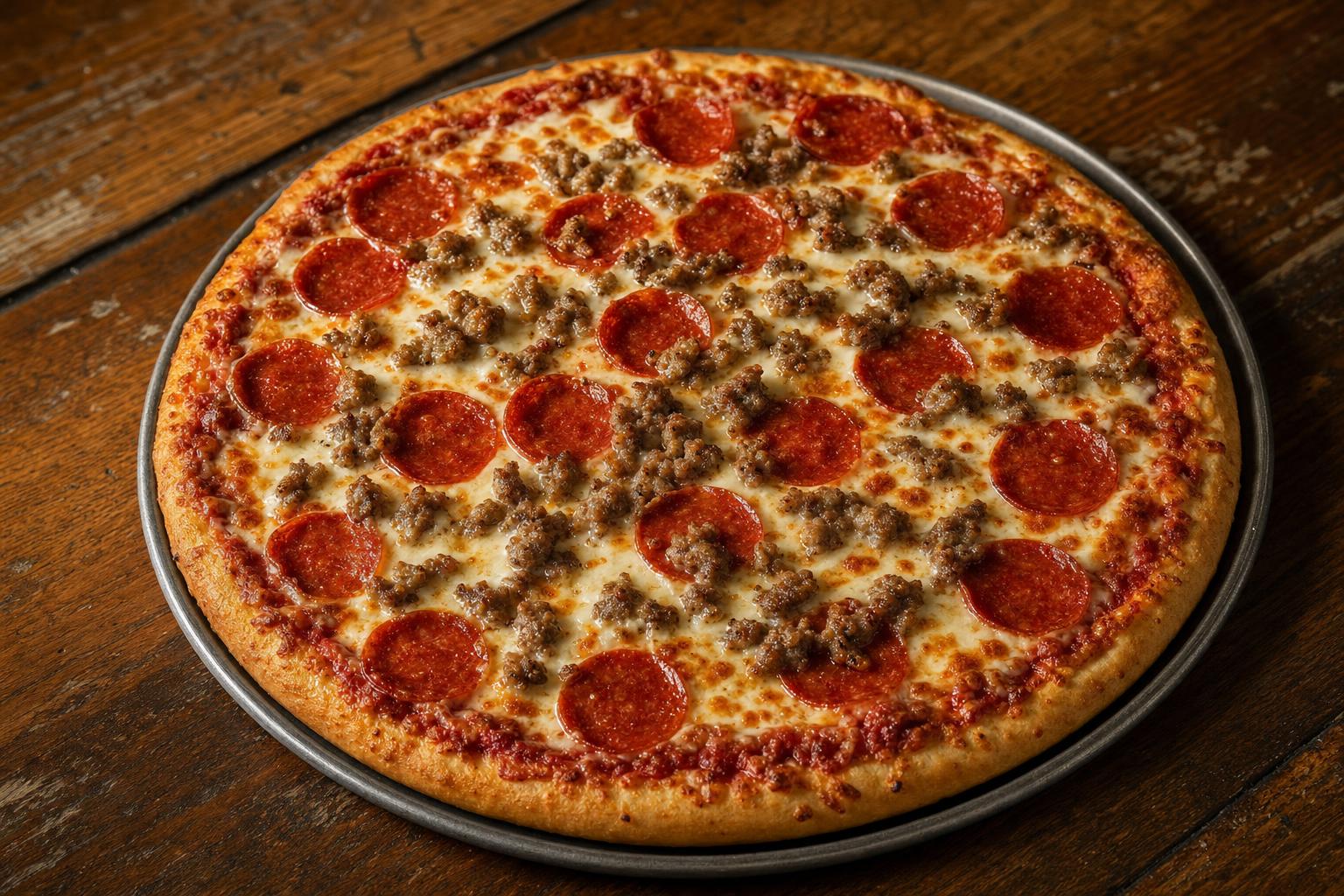 Little Litzas pizza with pizza sauce, mozzarella cheese, pepperoni, and ground italian sausage on a warm wood table.