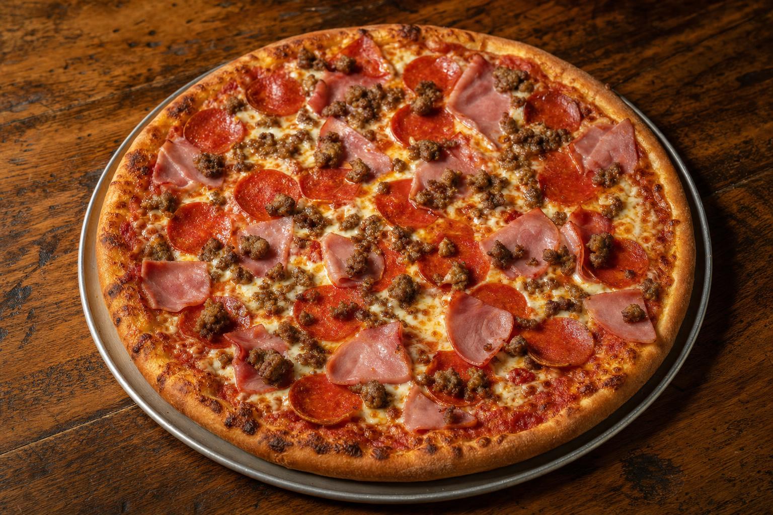Litzas Meatza pizza with pizza sauce, mozzarella cheese, pepperoni, ham, and ground italian sausage on a warm wood table.
