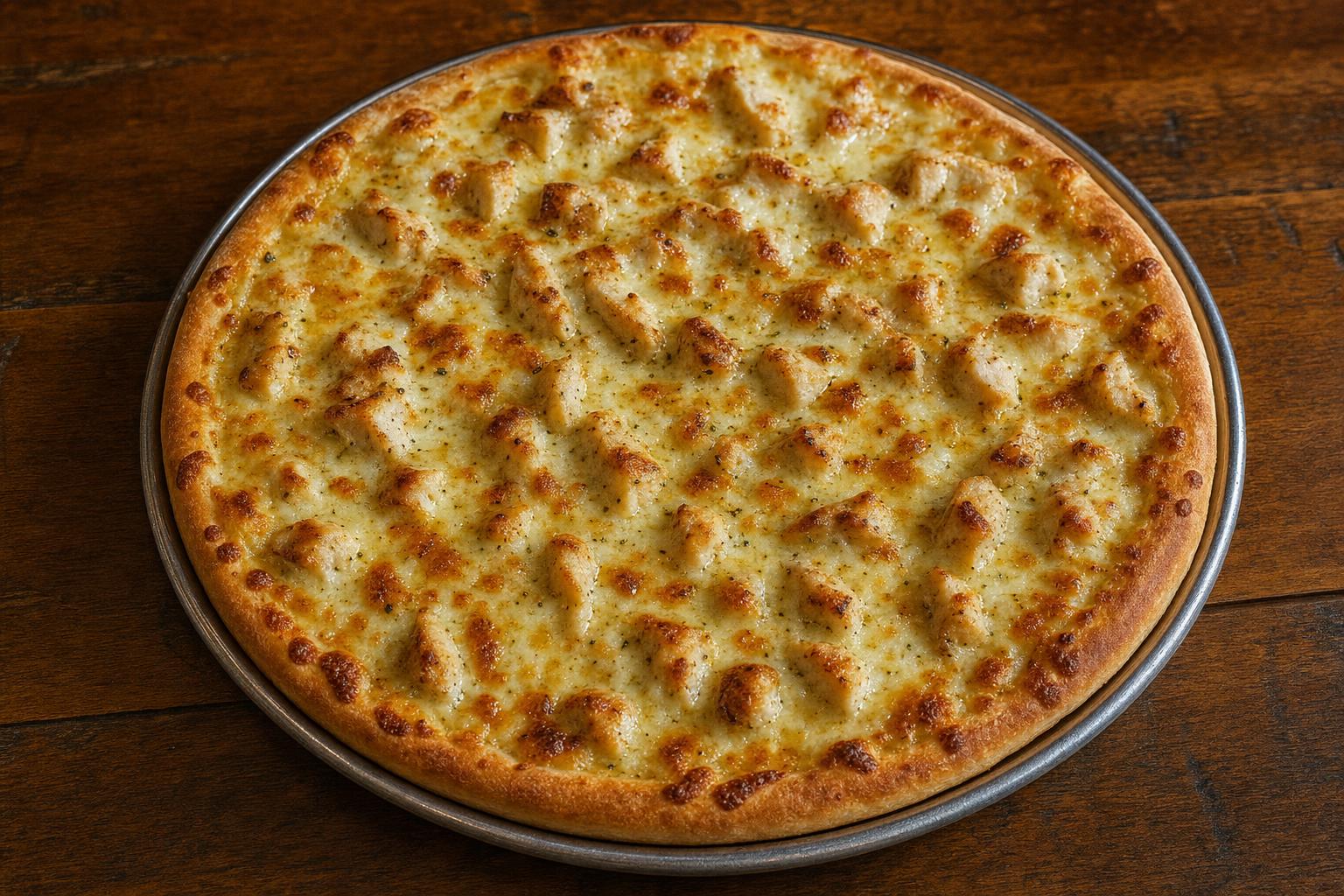 Lone Peak pizza with garlic butter sauce, mozzarella cheese, and chicken on a warm wood table.