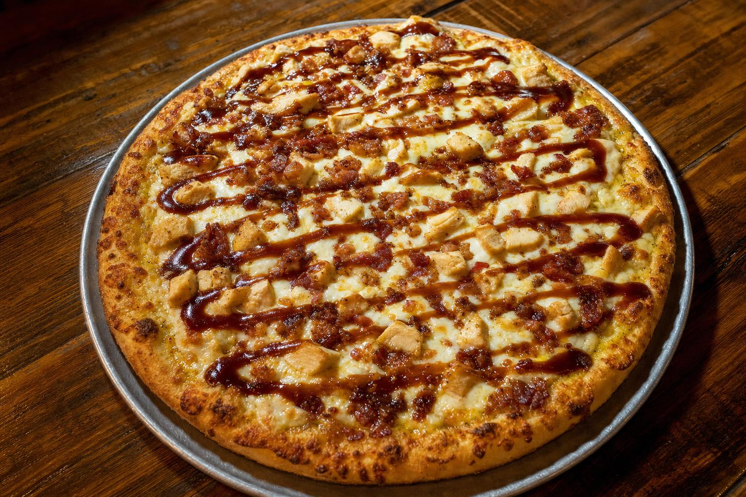 Mt Olympus pizza with honey mustard sauce, mozzarella cheese, chicken, bacon, and bbq sauce drizzle on a warm wood table.