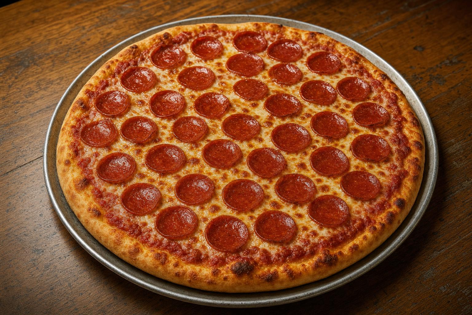 Pepperoni pizza with pizza sauce, mozzarella cheese, and pepperoni on a warm wood table.