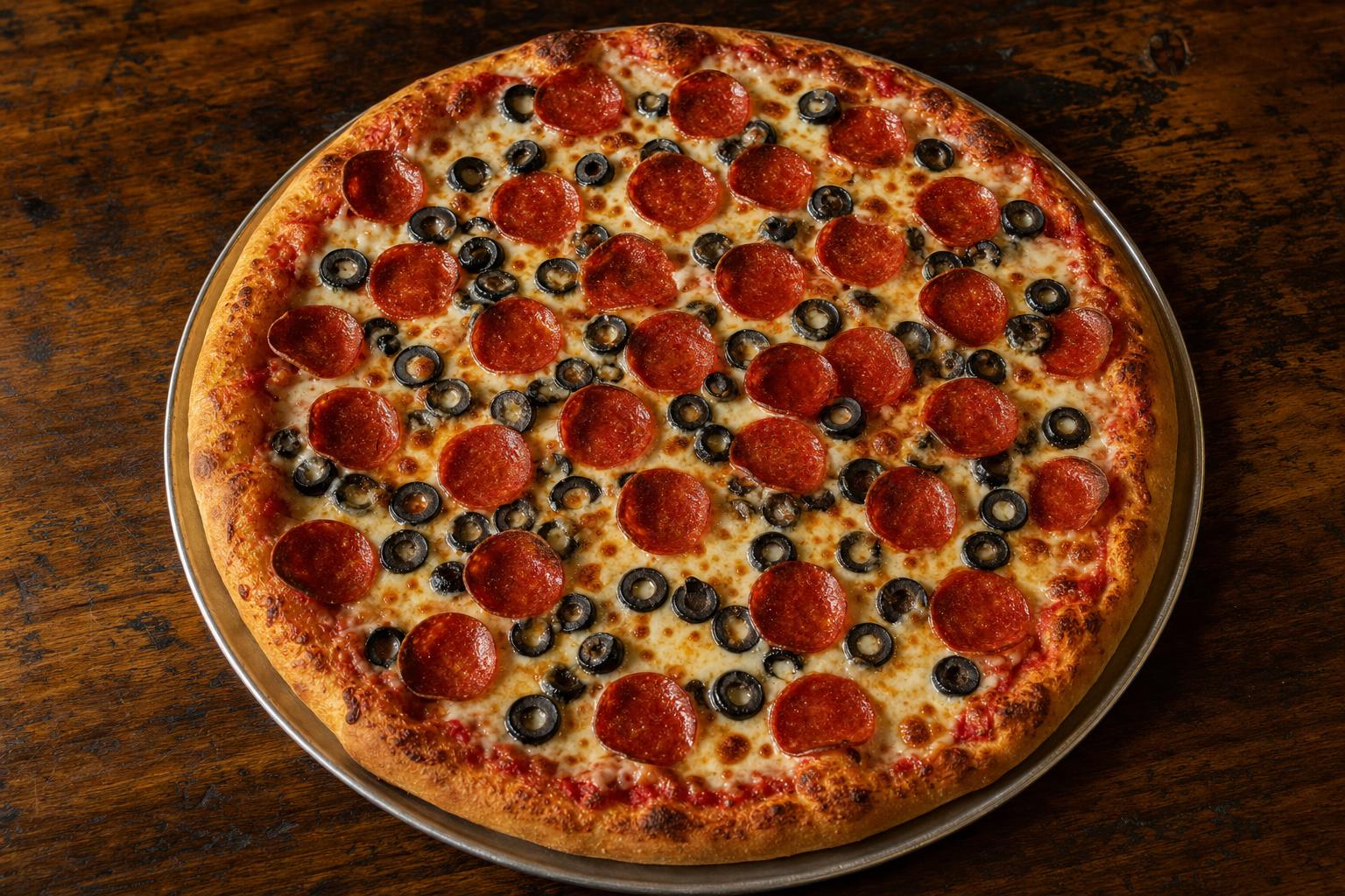 Red & Black pizza with pizza sauce, mozzarella cheese, pepperoni, and black olives on a warm wood table.