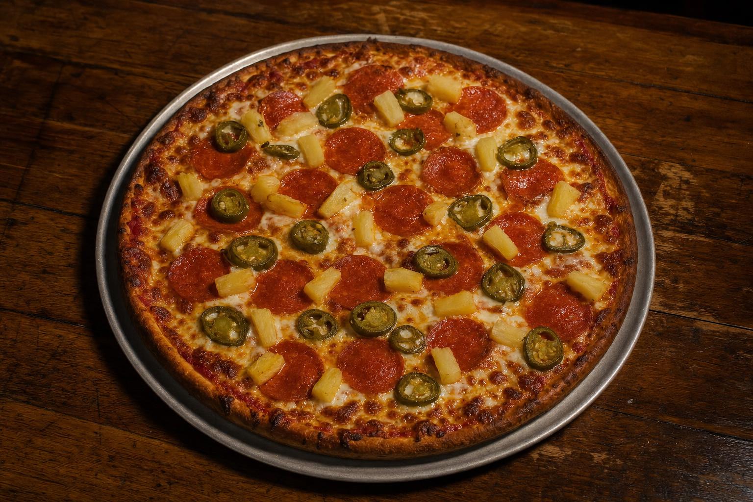 Red Green & Yellow pizza with pizza sauce, mozzarella cheese, pepperoni, jalapenos, and pineapple on a warm wood table.