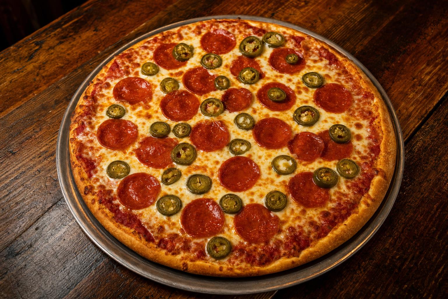 Red & Green pizza with pizza sauce, mozzarella cheese, pepperoni, and jalapenos on a warm wood table.