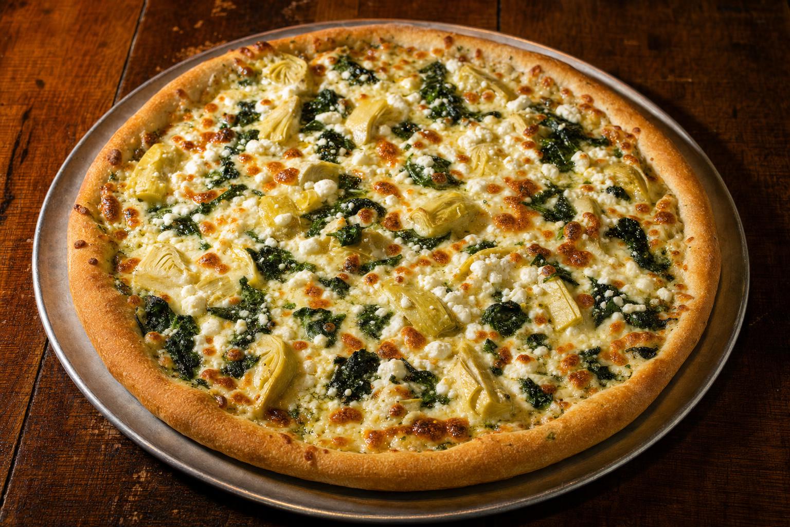 Spinach Artichoke pizza with garlic butter sauce, mozzarella cheese, spinach, artichoke, and feta cheese on a warm wood table.