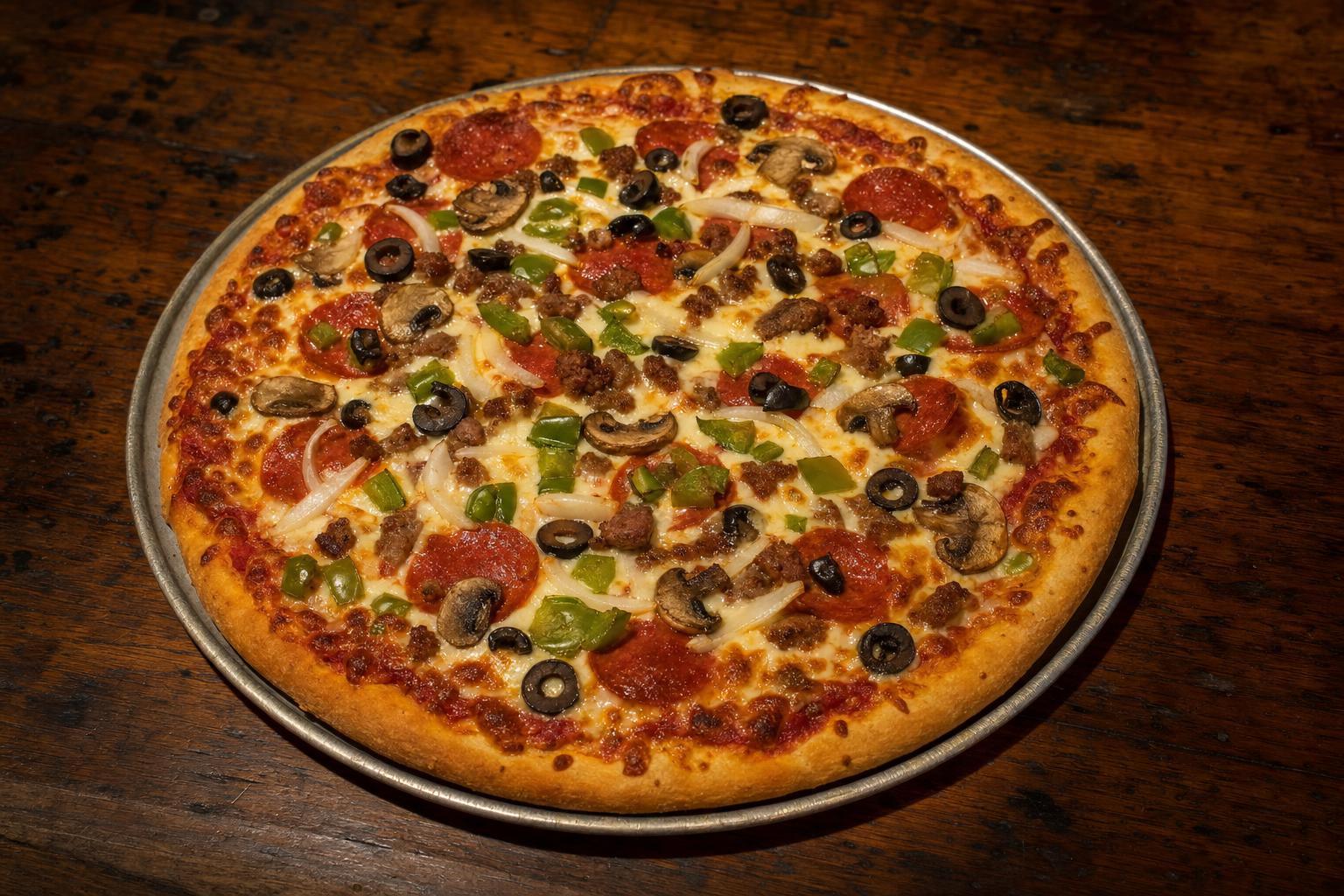 Traditional pizza with pizza sauce, mozzarella cheese, mushrooms, black olives, green peppers, onions, and your choice of meat on a warm wood table.