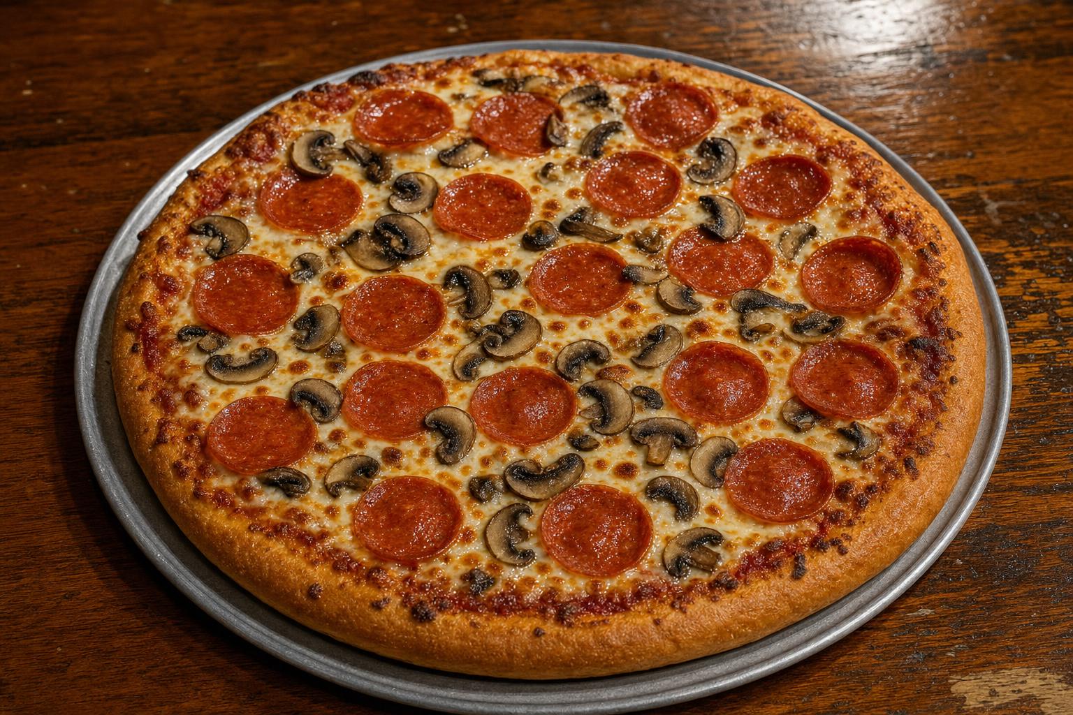 Twin Peaks pizza with pizza sauce, mozzarella cheese, pepperoni, and mushrooms on a warm wood table.