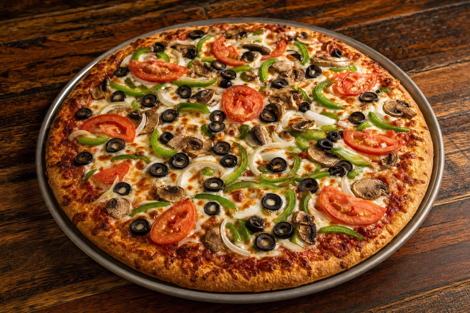 Vegetarian pizza with pizza sauce, mozzarella cheese, mushrooms, black olives, green peppers, onions, and sliced tomatoes or pineapple on a warm wood table.