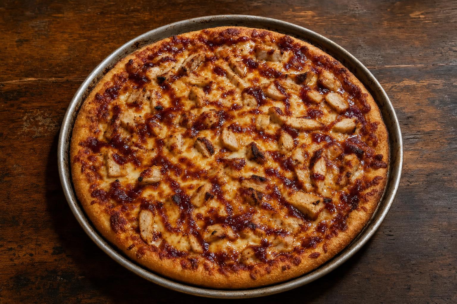 Western BBQ pizza with bbq sauce, mozzarella cheese, and grilled chicken on a warm wood table.