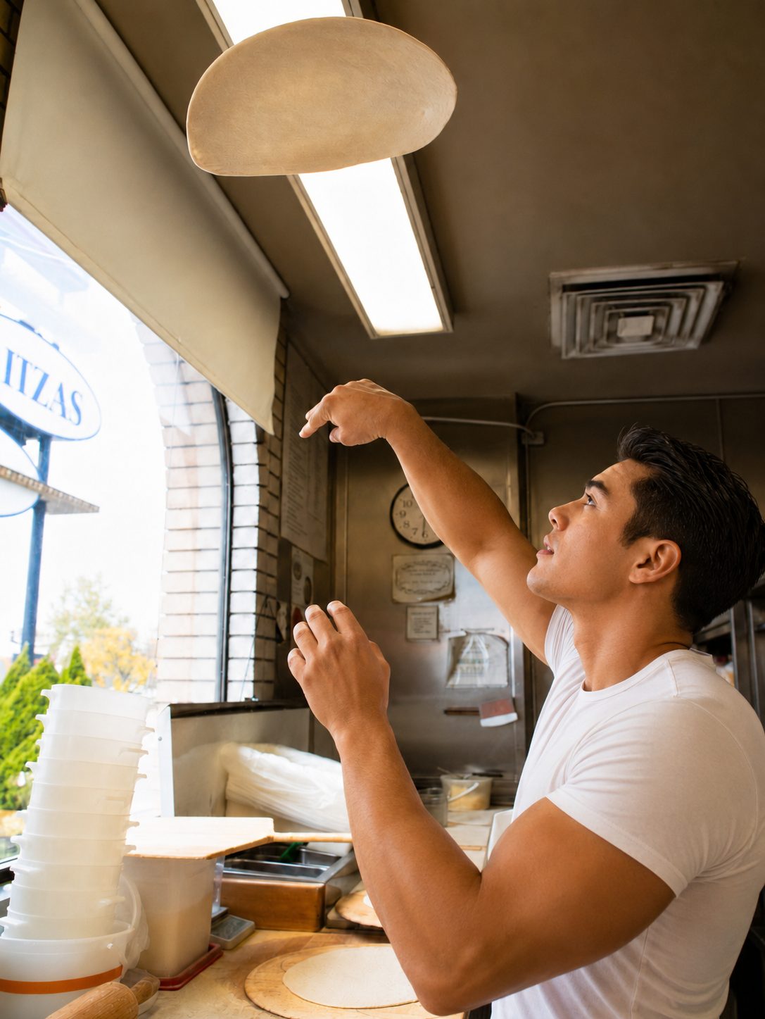 A Litzas cook tossing fresh pizza dough high in the air