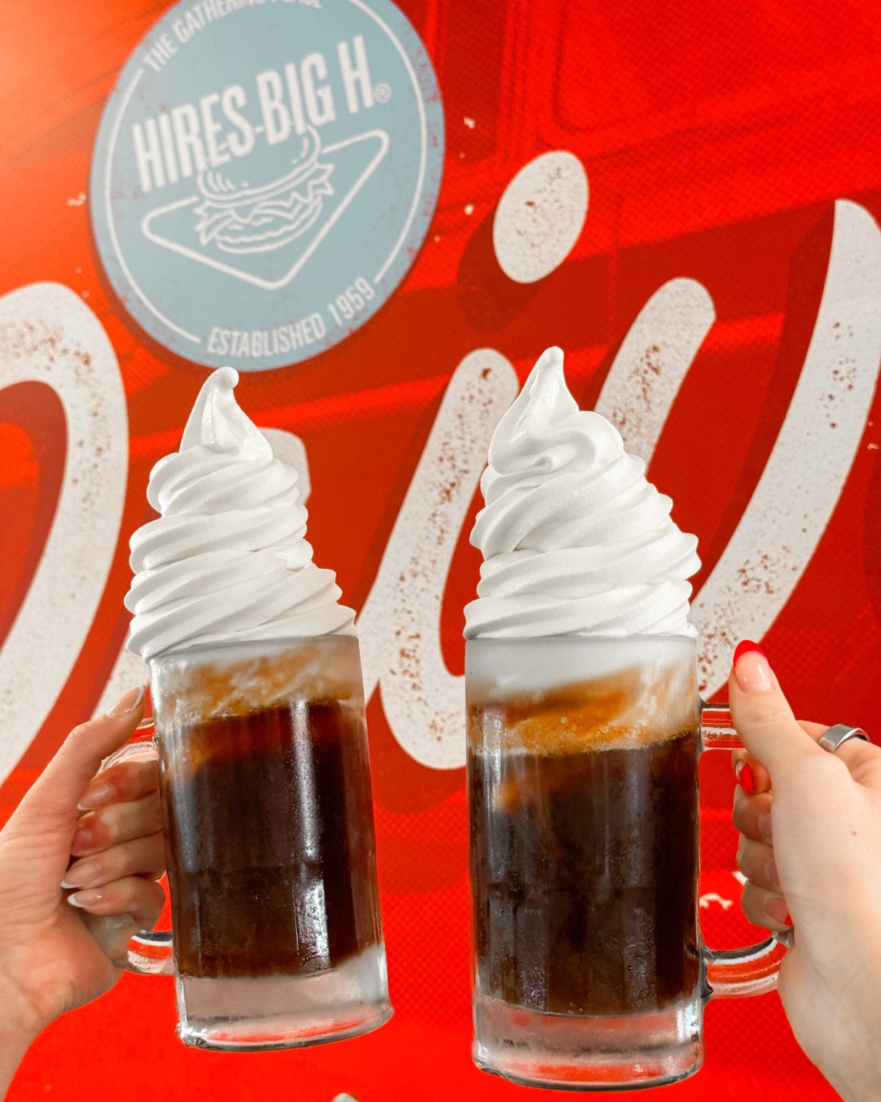 Hires Big H root beer floats on a Litzas table